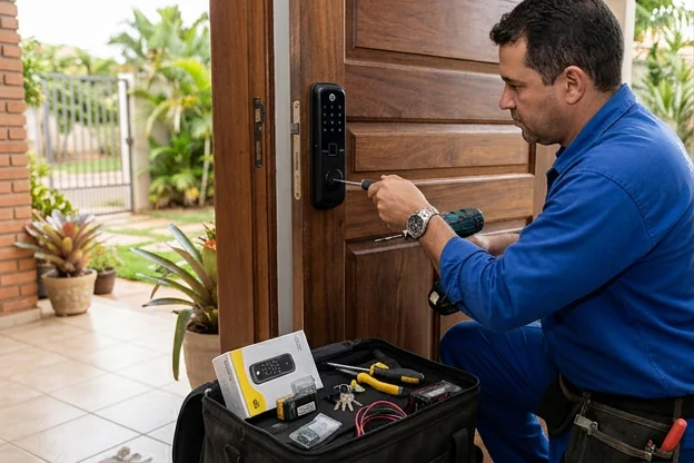 Fechadura digital instalada em uma porta em Rondonópolis.