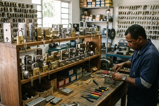 Vários modelos de fechaduras apresentados em uma loja em Rondonópolis.